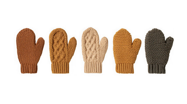Set of five knit mittens in different colors