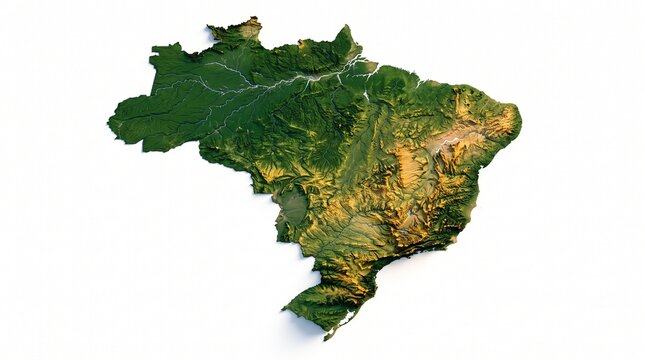 Topographic Brazil map with 3D relief, satellite view of Brazilian territory, green rainforest and mountain terrain on white background