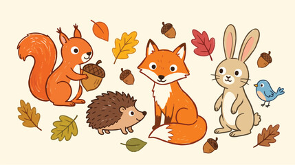 Naklejka premium Autumn Animals Crayon Handmade Vector Illustration