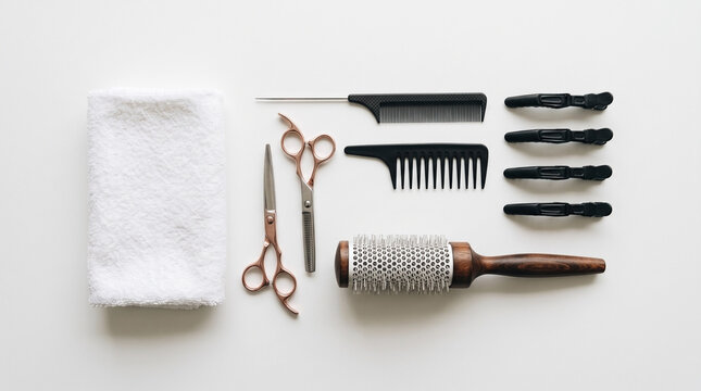 Hair salon equipment for professional styling on white background