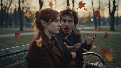 Obraz premium Woman elf and man sitting in park with autumn leaf levitating around them. Sci-fi encounter and mystery scene. Fantasy story atmosphere, supernatural event and magical powers concept.