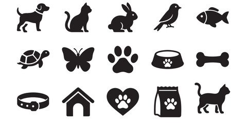 Fototapeta premium Black silhouettes of various domestic animals and pet related objects on a white background