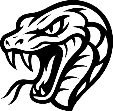 Snarling python head reptile logo black white illustration for wildlife branding, sports mascots and powerful identity designs.