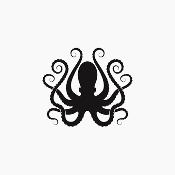 Decorative octopus graphic with stylized tentacles. Vintage vector silhouette sea creature icon for nautical designs. Black ink illustration suitable for tattoos and logos.