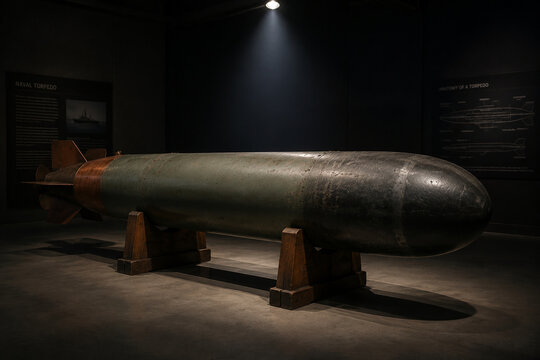 Decommissioned naval torpedo on wooden display cradles in museum, naval history concept