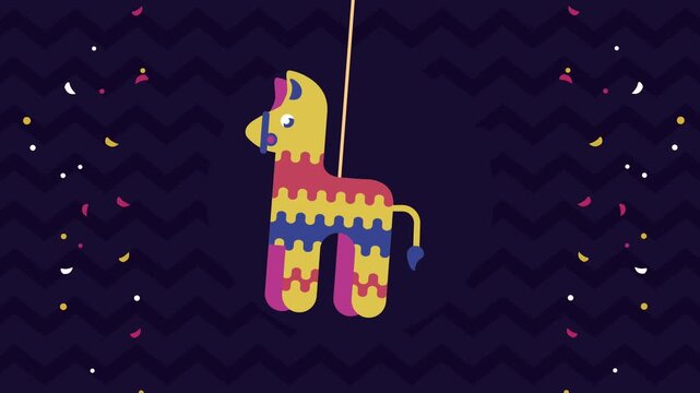 Mexican fiesta pinata hanging with falling confetti animation on dark purple zigzag pattern background.