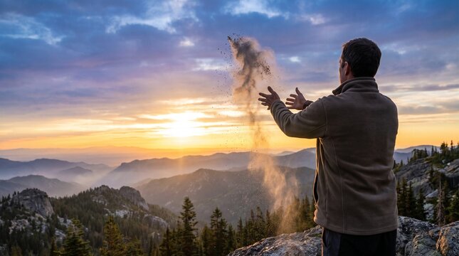 Cremation ashes scattered mountain, Man throwing sand in the air on a mountain at sunset  
