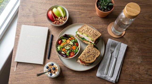 Healthy lunch on wooden desk, turkey sandwich with fresh garden salad, nutritious meal prep for remote work and wellness