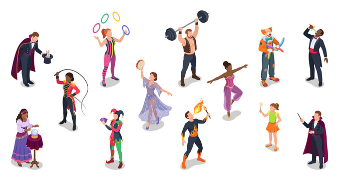 Circus performers and carnival artists set performing entertaining show acts | Isometric vector illustration collection