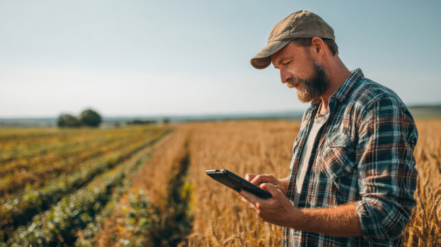 Farmer using tablet in golden wheat field checking crop health with modern technology