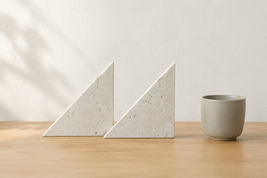 Two identical triangular bookends in row on oak desk with ceramic cup, minimalist desk organization concept