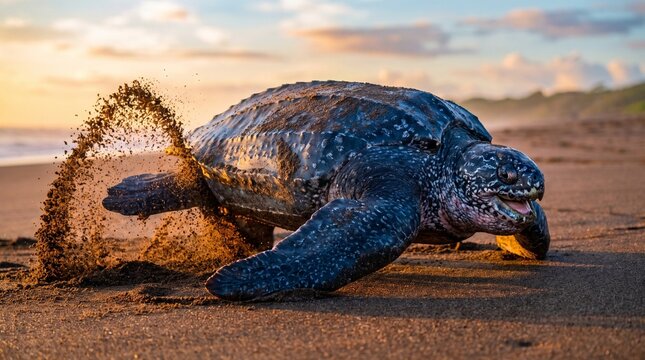 Leatherback turtle nesting on sandy beach at sunrise  