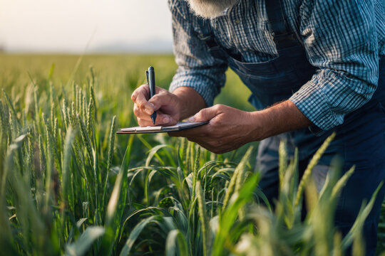Farmer carefully inspecting crop condition in a green field while taking notes