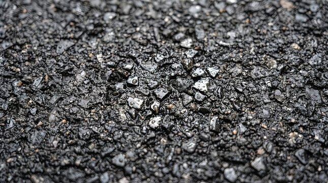 Close up view of wet black asphalt road surface with small gravel stones and water droplets texture