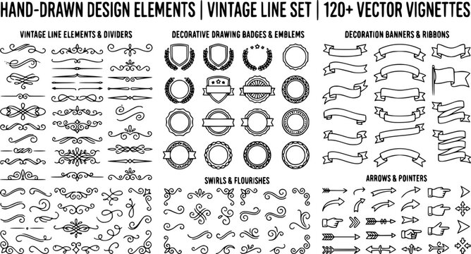 Set of 120 Hand drawn design elements. Vintage line elements. Decorative drawing badges. Decoration, banners, swirls divider, emblems, arrows. Vector illustration.