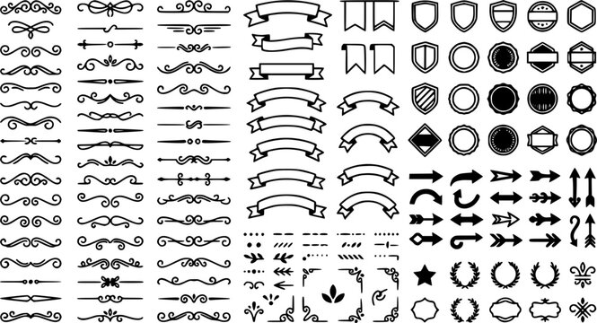 Set of 120 Hand drawn design elements. Vintage line elements. Decorative drawing badges. Decoration, banners, swirls divider, emblems, arrows. Vector illustration.