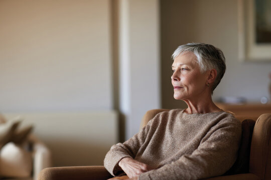 A mature woman sits comfortably in a cozy living room, reflecting with contentment, embodying the warmth of home and the beauty of simple moments in life.
