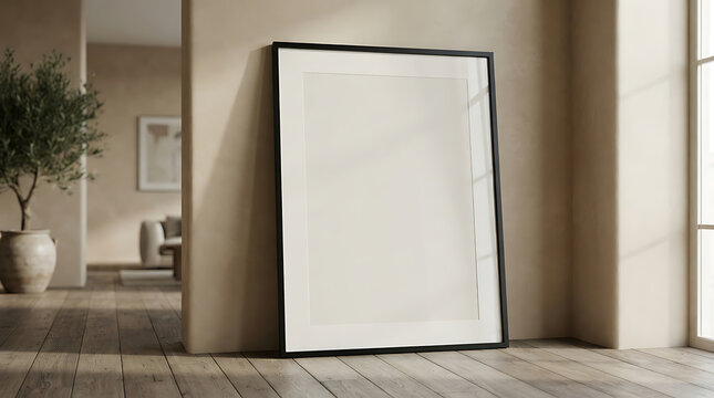 Empty framed leaning against a wall in a bright, airy room with wooden floors and natural light isolated on a transparent background