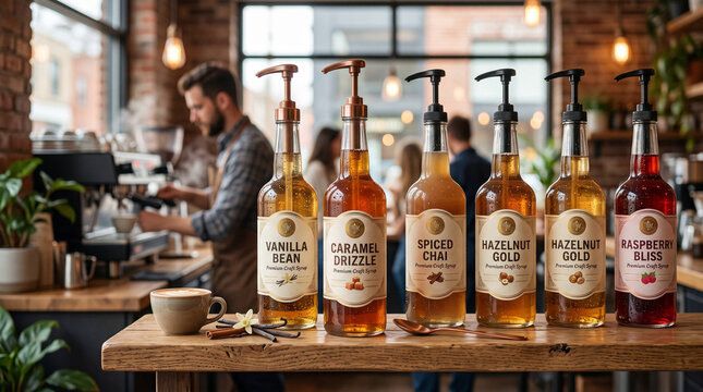 Syrup bottles on coffee shop shelf
