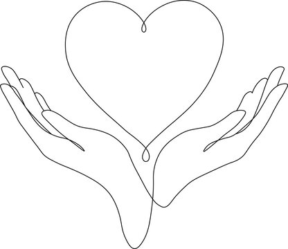 Continuous line drawing of two hands holding a heart symbol, isolated on white background. Minimalist vector art concept of love and care.