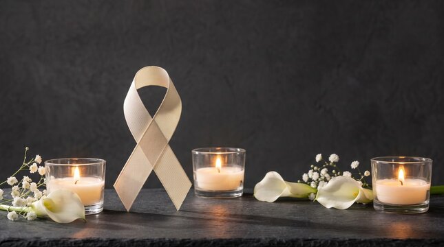 Beige ribbon with burning candles and white flowers on dark background for sympathy, funeral, condolence and remembrance