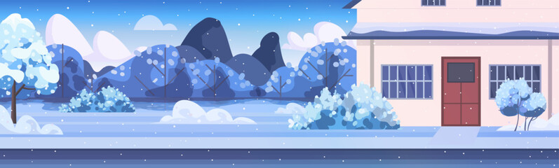 Naklejka premium Winter country house landscape. Snowy cottage with sidewalk and road surrounded by garden, white trees, and bushes under clear blue sky. Concept of holiday home and winter season. 