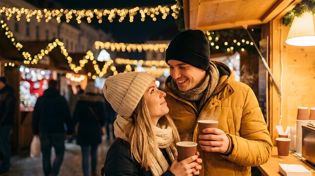 A cozy winter scene featuring a couple enjoying a warm drink at a festive christmas market
