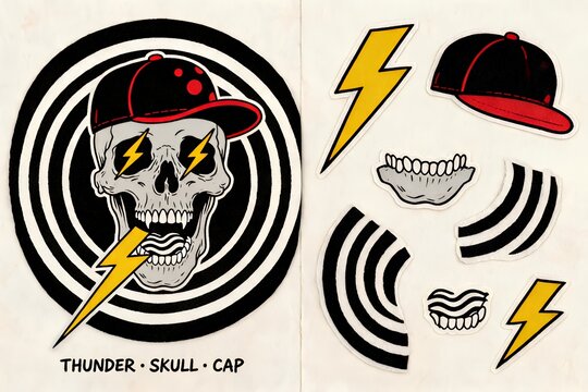 Thunder Skull Cap: Bold Streetwear Design with Lightning & Stripes