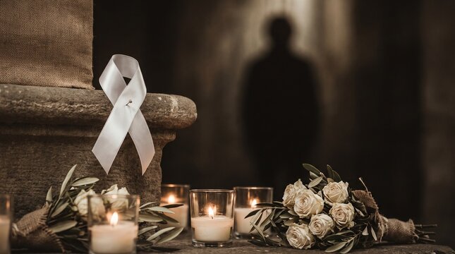 A solemn memorial scene with a white ribbon, burning candles, and flowers symbolizing grief and remembrance