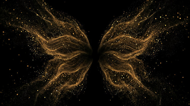 Abstract golden glitter wings sparkling on black background magic concept