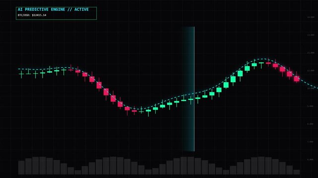 Futuristic financial stock market candlestick chart interface with predictive AI engine visual on dark background