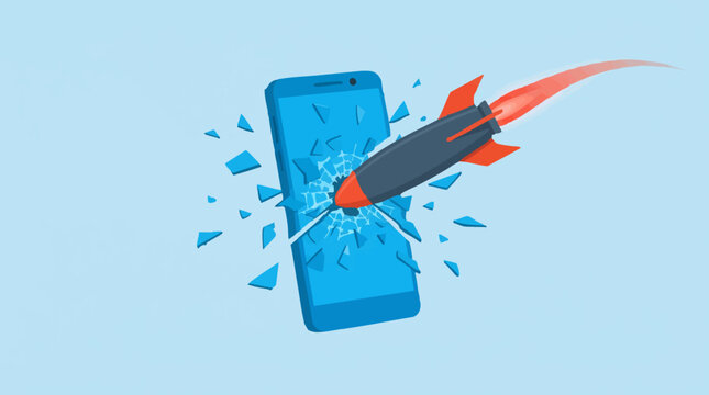 Rocket missile breaking smartphone screen, digital technology destruction concept