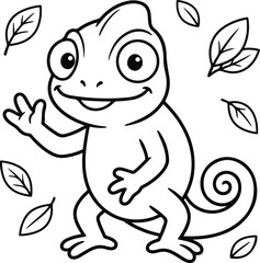 Fototapeta premium Cute cartoon chameleon character waving hello surrounded by falling leaves, simple line art coloring page for kids