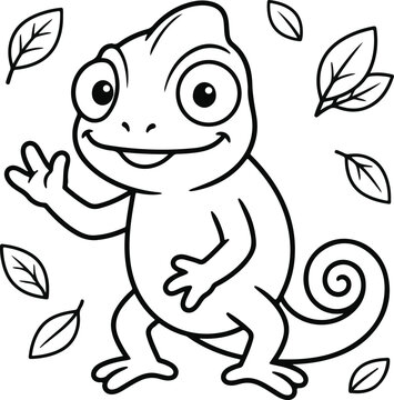 Cute cartoon chameleon character waving hello surrounded by falling leaves, simple line art coloring page for kids