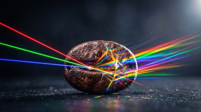 Coffee bean undergoing laser inspection with vibrant light beams. Industrial food processing technology shown in a dark studio setting.