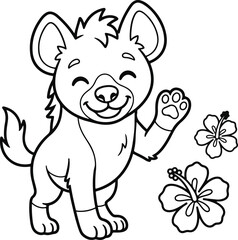 Obraz premium Cute cartoon hyena waving hand with hibiscus flowers, coloring page for kids