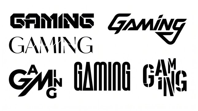 Collection of various black gaming word logo designs and creative typography set