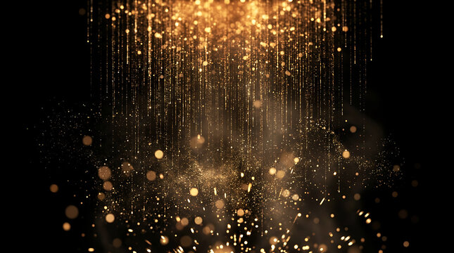Glittering golden particle rain streaming down against a dark background