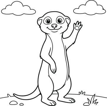Coloring page of a cute meerkat standing and waving in the grass