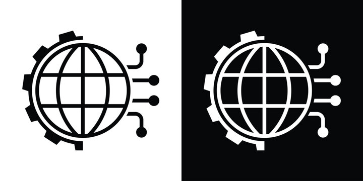 Global network technology icon featuring a globe with gear and circuit lines, representing digital connectivity, web development, worldwide data processing, and automation vector symbol.