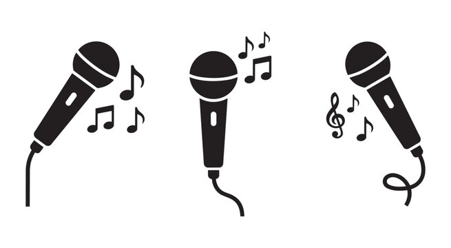 Collection of three dynamic microphone icons with music notes and cable swirls on transparent grid background for vocal performances.