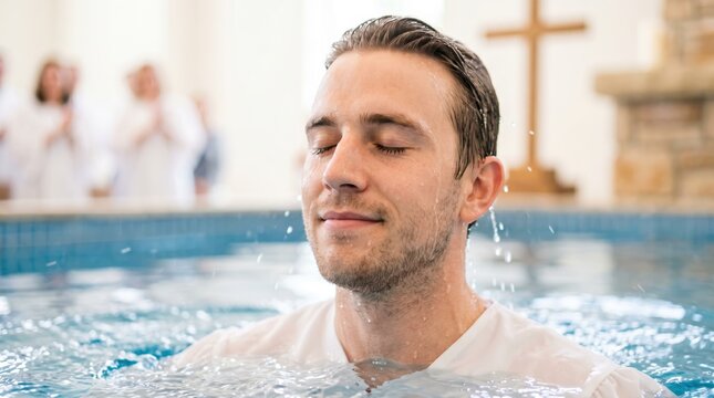 Young man being baptized in a water pool inside a church. Christian sacrament of baptism. Spiritual rebirth and faith concept