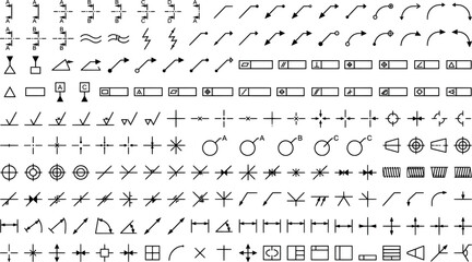 Fototapeta premium Technical drawing and engineering symbols collection, industrial drafting icons, section markers, dimensioning elements and geometric signs