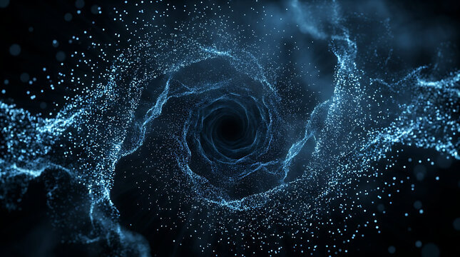Abstract futuristic blue light particle vortex tunnel digital cyberspace background