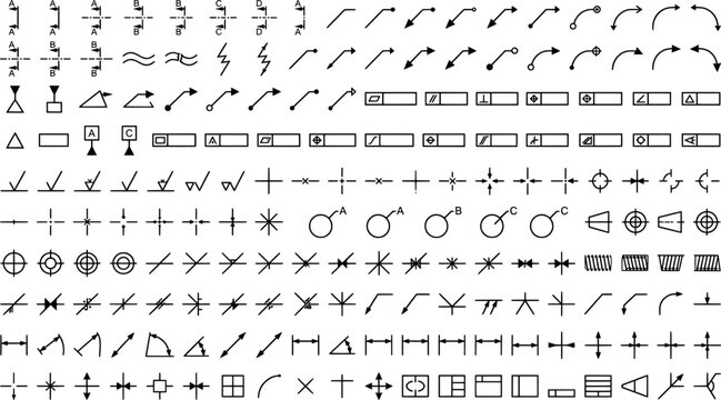 Technical drawing and engineering symbols collection, industrial drafting icons, section markers, dimensioning elements and geometric signs
