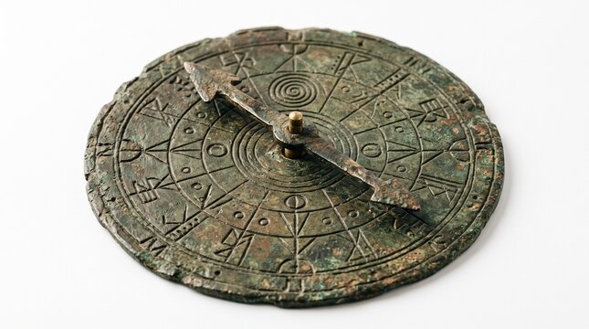 Ancient bronze astrolabe displaying intricate circular engravings, weathered metallic green patina textures, and a central rotating pointer resting on a bright studio surface.