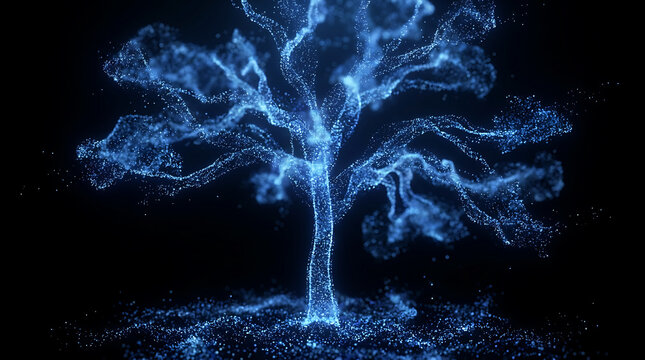 Abstract glowing blue digital particle tree on a dark background concept