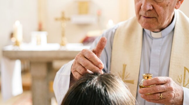 Catholic priest anointing a person with holy oil during a sacrament. Religious blessing ceremony in a church