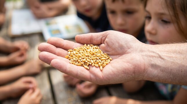 Elder holding handful of wheat grains for children to see. Sunday school lesson illustrating biblical parable of the sower