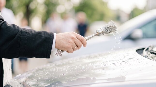 Priest sprinkling holy water on a new car hood. Close up of hand holding a silver sprinkler during a vehicle blessing ceremony. Outdoor religious ritual